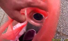 Busty German blonde teases pussy close-up with toys solo