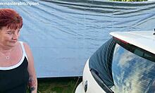 Filthy tattooed kiwi milf squats pissing on campground dirt near campers
