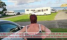 Filthy tattooed kiwi milf squats pissing on campground dirt near campers