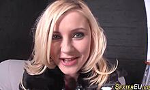 Busty German blonde teases pussy close-up with toys solo