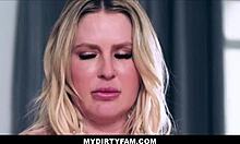 Holy shit, tiny blonde teen stepdaughter with braces and big ass milf stepmom cum hard on stepson's big cock!