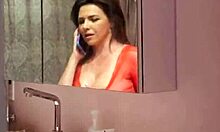 big tits brunette stepmom cheats bending over for stepson's doggystyle hairy pussy slam