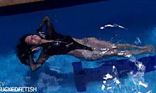 latex jessica bunny sinks into seductive underwater pool