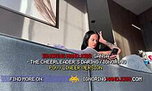 hot skinny tattooed cheerleader babe handjobs cock at college porn shoot