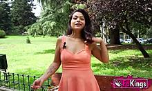 Horny latina Carol Linda flashes natural tits on street then fucks