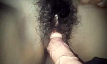Busty chubby mommy craves her fat hairy pussy stuffed deep with a massive vibrating dildo