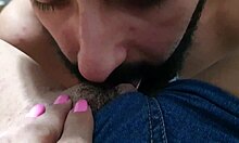 milf brunette sucks latina friend's clit pussy without removing jeans shorts