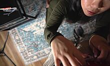 sloppy asian babe gags on huge cock for massive mouthful