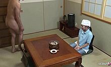 small japanese room service cutie seduces old client into wild food fetish fuck right there in the hotel