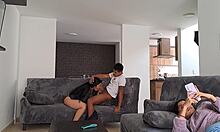 my girlfriend's stepmom in lingerie drops to knees sucking my cock like a pro taboo style