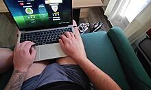 blonde stepmom sneaks handjob and blowjob on stepson's cock during his fifa game