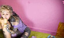 Alt goth girl strap-on fucks tattooed teen pussy missionary with sloppy wet dildo