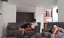my girlfriend's stepmom in lingerie drops to knees sucking my cock like a pro taboo style