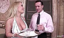 blonde maid big saggy tits tricked into anal dp mmf by boss and friend 😈🍑