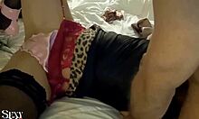French Siren in Satin Dress Garters Heels Teases Doggystyle