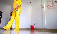 naked curvy maid without panties cleans the office bending over her juicy big pussy