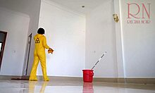 naked curvy maid without panties cleans the office bending over her juicy big pussy