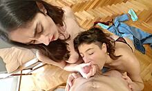 amateur threesome double blowjob but my hot roommate catches us wanna join?