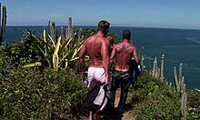 slim blonde teen whore takes rough outdoor mmf threesome with double cock pounding