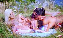 Cute skinny german virgin teen seduced outdoors by petite lesbian classmate