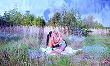 Cute skinny german virgin teen seduced outdoors by petite lesbian classmate