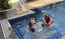 Outdoor pool sex with awesome blonde babe riding big cock