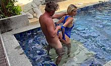 Outdoor pool sex with awesome blonde babe riding big cock