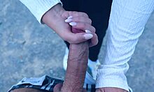 Public parking lot handjob gets wet and sloppy fast