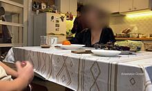 my husband jerking under a table front of my step mom