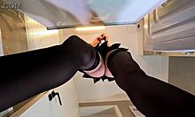Long legs hot college girl alicia in her plaid school uniform mini skirt and stockings in the bathroom