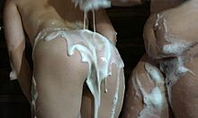 lesbian washed bbw licked hairy pussy and fucked with shower