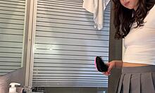 Long legs hot college girl alicia in her plaid school uniform mini skirt and stockings in the bathroom