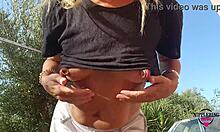 nippleringlover hot mom outdoors no bra flashing sexy ass pierced pussy and huge pierced nipples