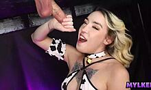 Amateur blonde gives handjob on milking table