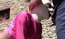 Outdoor milf enjoys bondage blowjob and hot creampie