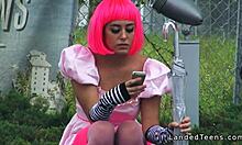 Costumed teen hitchhiker gets banged. Huge cock outdoors