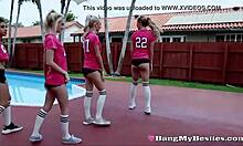 hot soccer girls share two cocks in foursome