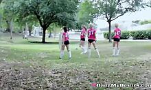 hot soccer girls share two cocks in foursome
