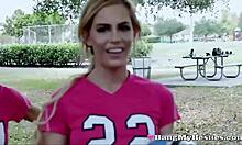 hot soccer girls share two cocks in foursome