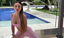 perfect body blonde does explicit yoga by the pool