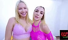 two curvy blondes ride the guy hard on the couch