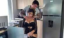 Taboo horny milf lets her stepson fuck her in the kitchen