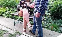 Stepson cums on stepmothers bare legs outdoors
