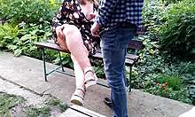 Stepson cums on stepmothers bare legs outdoors