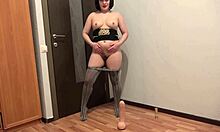 A huge dildo fucks my anal a brunette with a beautiful ass takes off her pantyhose and masturbates