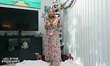 Step mom uses hands and mouth on christmas wood