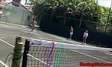 hazing babes eating pussy on court