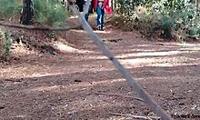 Stepmother flashes big ass on forest trail