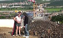 Cute blonde teen has public threesome at construction site
