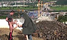 Cute blonde teen has public threesome at construction site